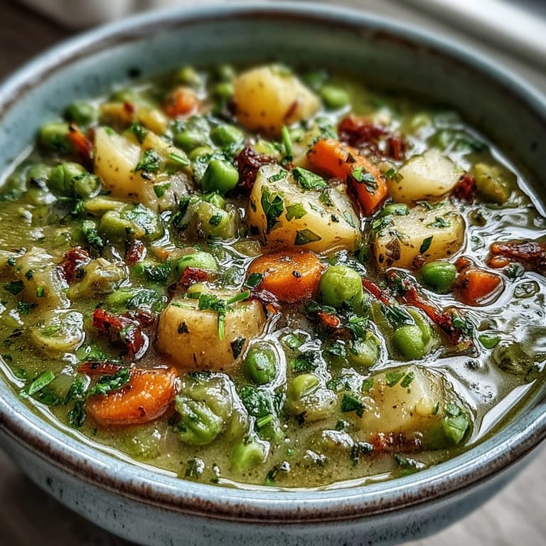 Hearty Split Pea Soup served hot with crusty bread and a slice of ham.
