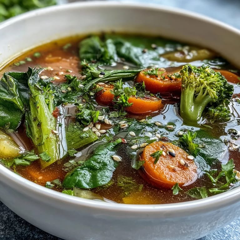 Vibrant Collagen-Boosting Broth Bowl featuring tender zucchini and spinach swimming in a rich turmeric broth with lemon wedges.