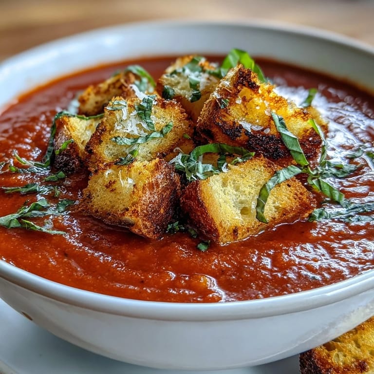 Freshly roasted tomatoes and herbs blend into a velvety soup, topped with golden, crunchy croutons.