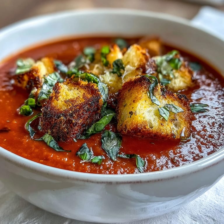 Savor this easy roasted tomato soup with crispy croutons, garnished with fresh basil for a healthy dinner.
