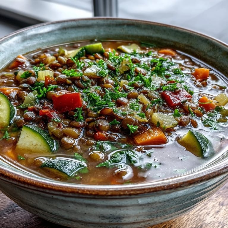 Close-up of vibrant Lentil and Vegetable Soup with fresh spinach and diced vegetables.