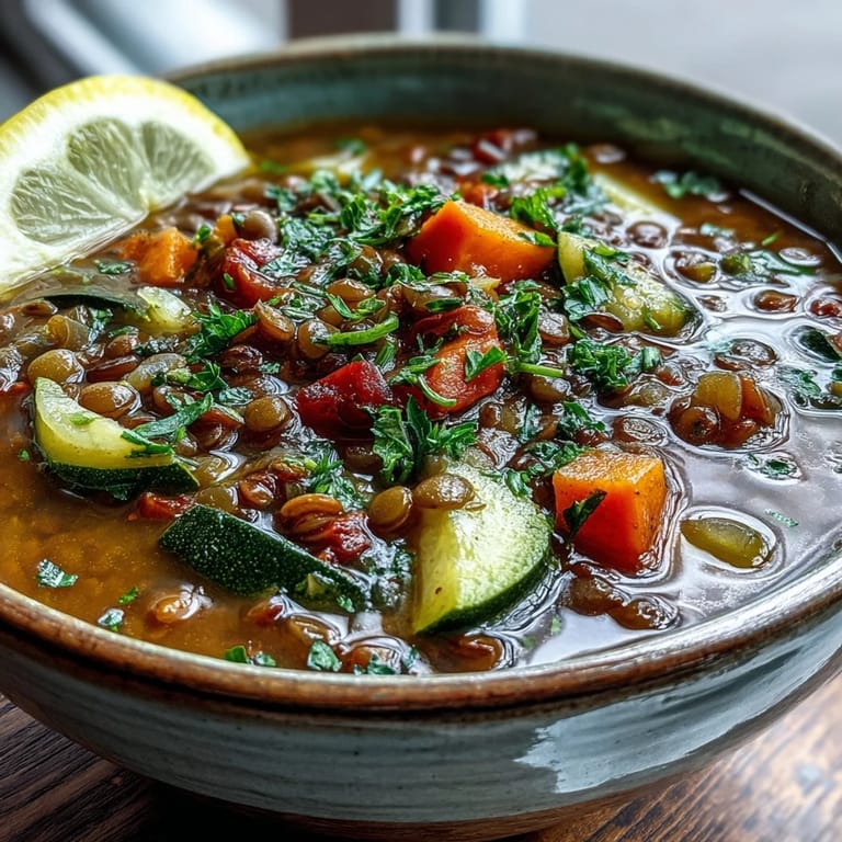 Hearty pot of Lentil and Vegetable Soup with carrots, zucchini, and red bell pepper.