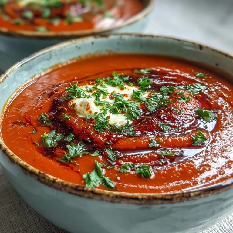 Hearty bowl of Roasted Red Pepper Soup, topped with swirling crème fraîche.