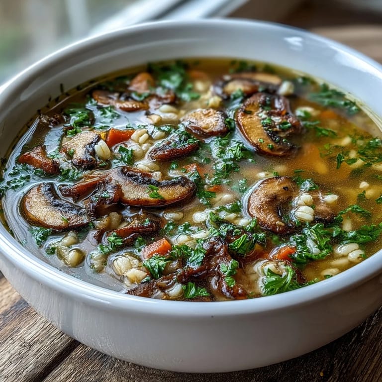 A rustic pot of Mushroom and Barley Soup simmering with carrots and celery, garnished with fresh parsley and a lemon wedge.