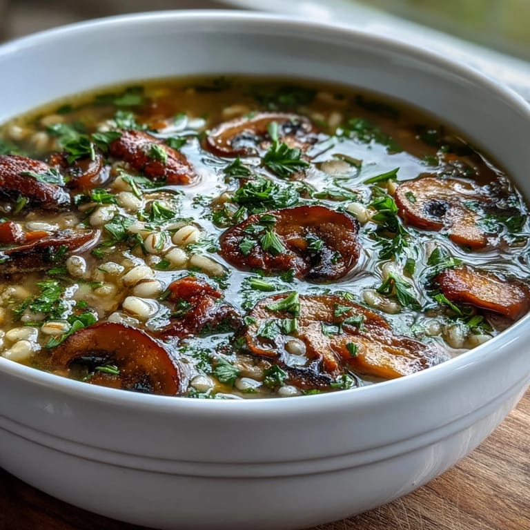 Mushroom and Barley Soup served in a rustic bowl with a spoon, ready to enjoy as a cozy vegetarian dinner.