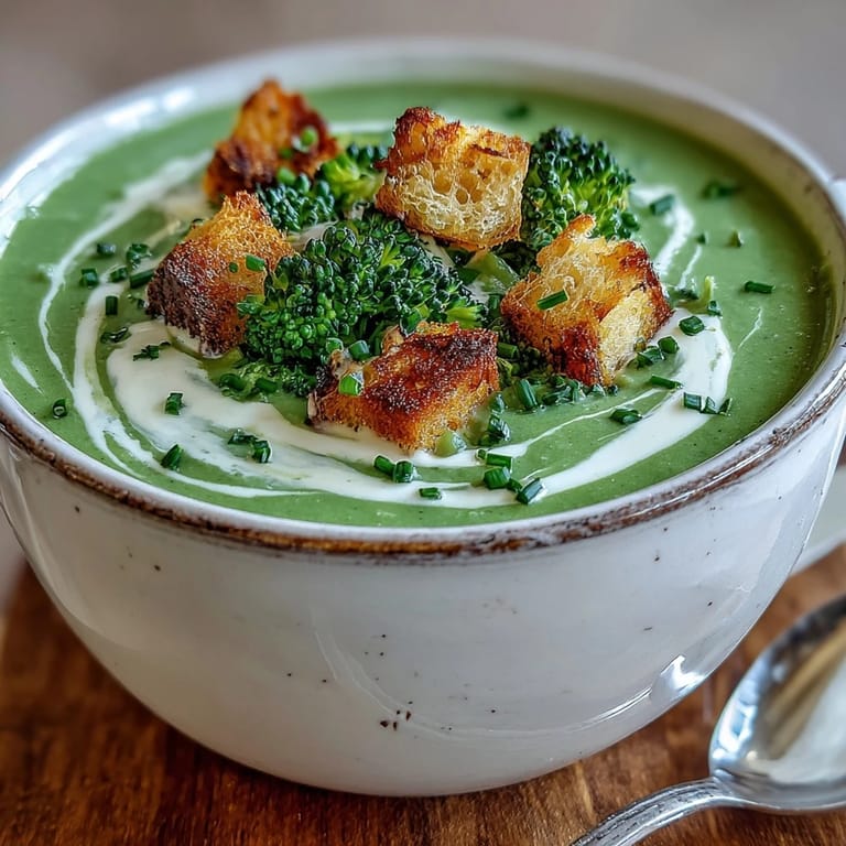 Enjoy a bowl of vibrant, smooth Creamy Broccoli Soup, ready to serve.