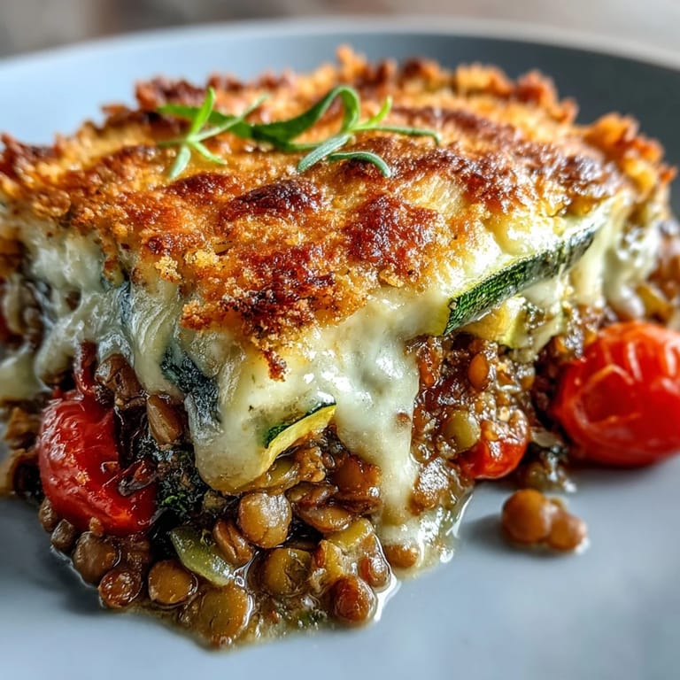 Hearty Green Lentil and Vegetable Casserole served in a white dish with crusty bread and a fresh salad.