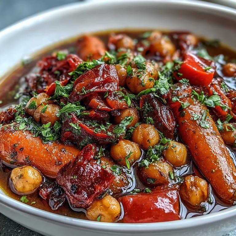 Spicy Chickpea Stew simmering in a Dutch oven with carrots and red bell peppers.