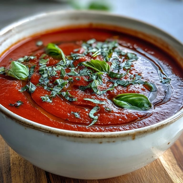 Bright red Tomato and Basil Soup with aromatic herbs, ready to serve as a comforting vegetarian appetizer or light meal.