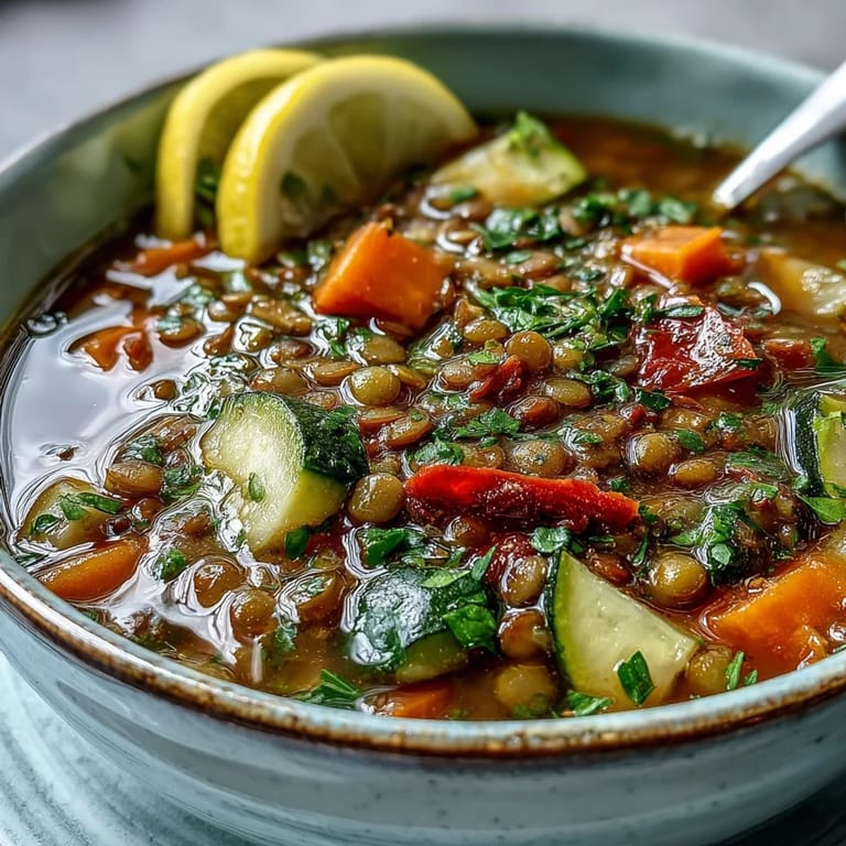 Serving of warm Lentil and Vegetable Soup with roasted carrots, celery, and a slice of crusty bread.