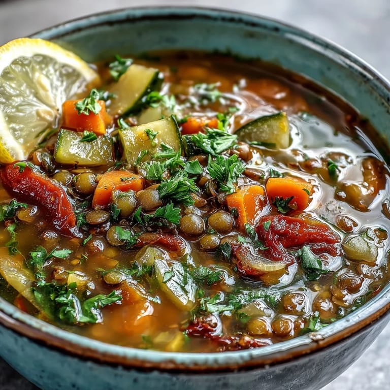 Freshly cooked Lentil and Vegetable Soup with vibrant roasted vegetables and a garnish of fresh parsley.