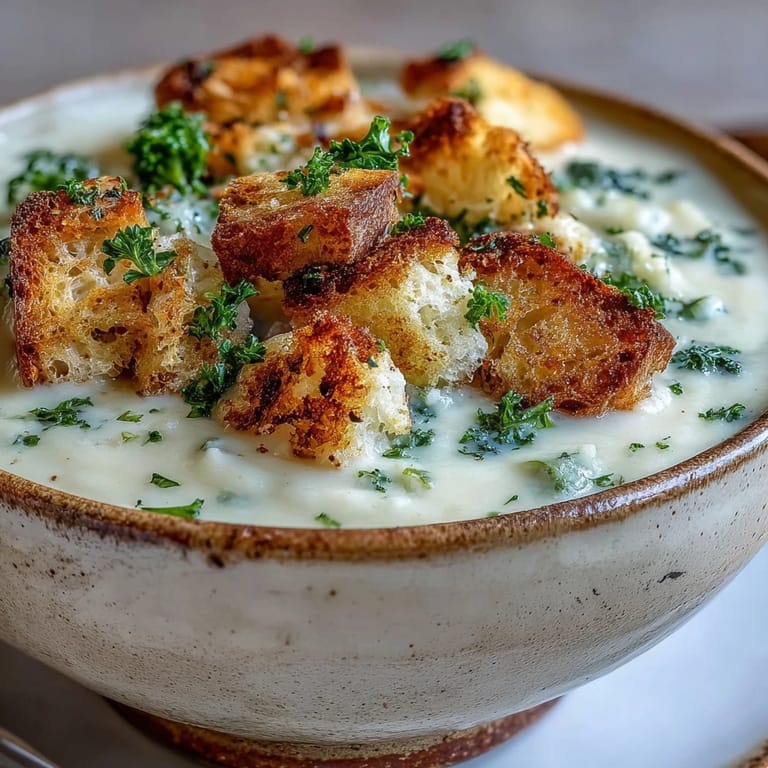 Steaming Cauliflower and Broccoli Soup garnished with crunchy croutons, ready to serve on a cozy table.