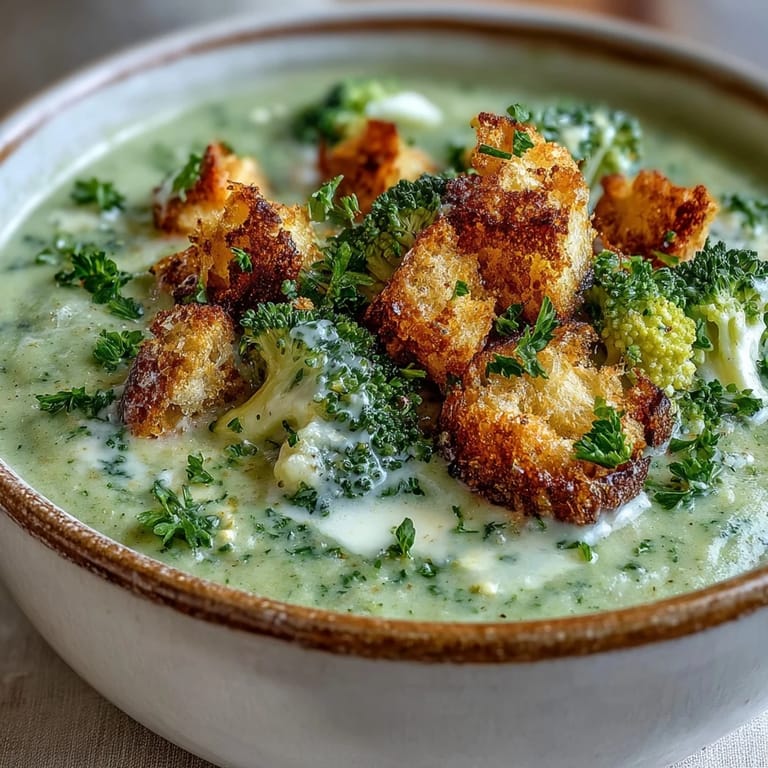 Smooth, blended Cauliflower and Broccoli Soup in a rustic bowl, garnished with Parmesan cheese and herbs.