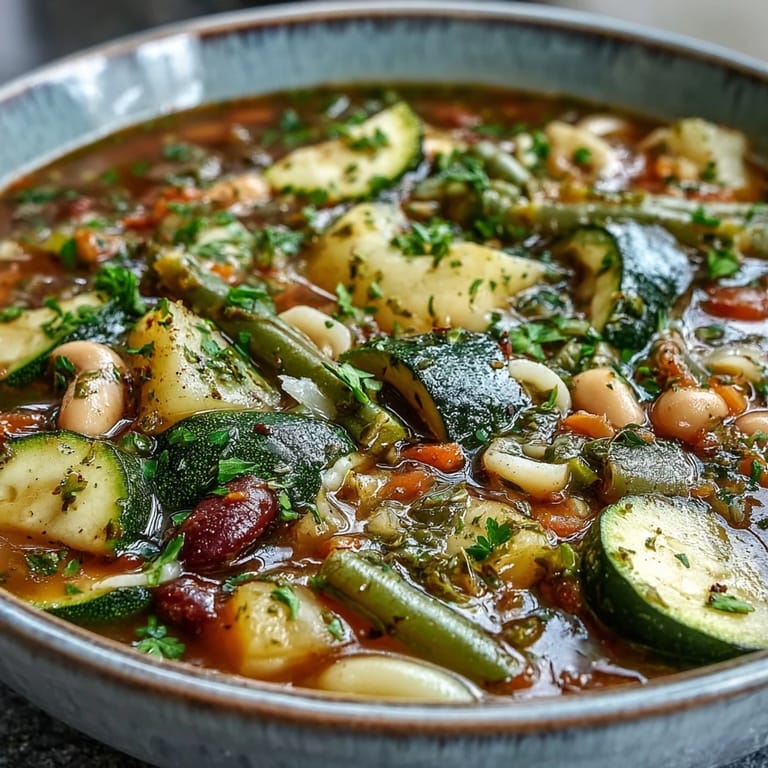 Hearty Minestrone Vegetable Soup in a rustic bowl, featuring colorful vegetables and herbs in rich broth.