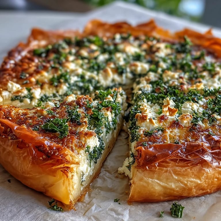 Feta and Kale Börek is served warm on a rustic wooden board.