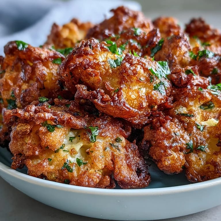 A spoon lifts a creamy mint yogurt dip next to Cauliflower Bhajis.