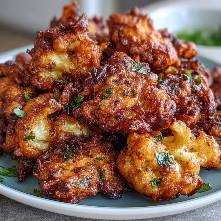 Close-up of spiced Cauliflower Bhajis, showing crispy edges and tender florets.