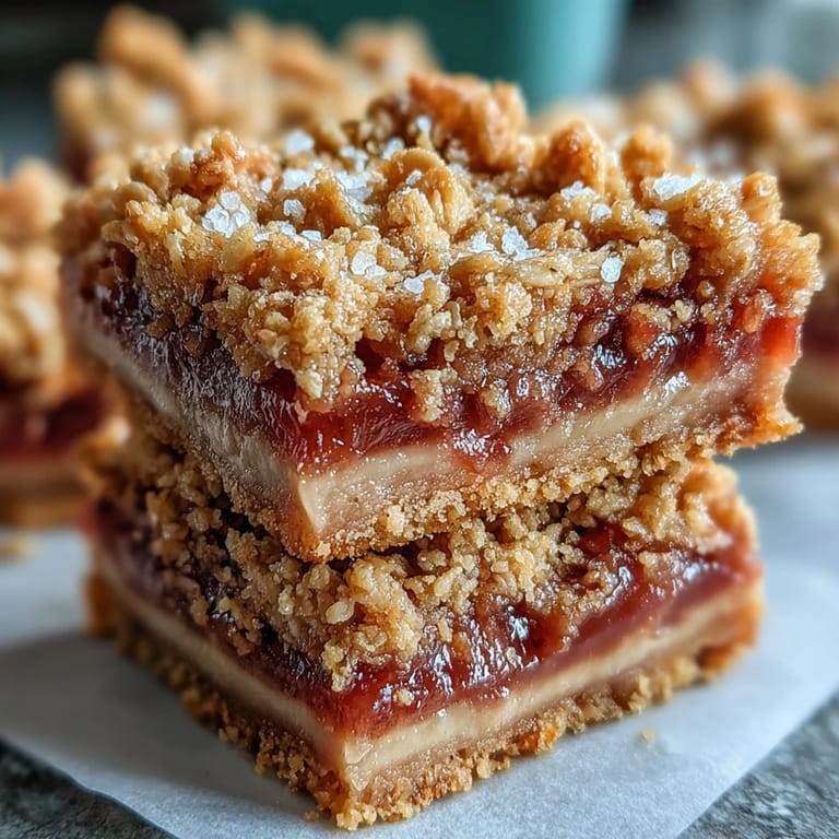 Freshly cut Rhubarb and Custard Crumble Bars served on a white plate, perfect for spring afternoon tea.