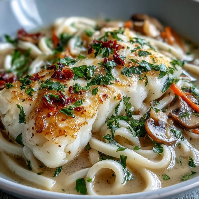 Tender flaky Poached Cod With Spiced Coconut Broth and Udon Noodles topped with shiitake mushrooms, spinach, and a lime wedge, Asian fusion style.