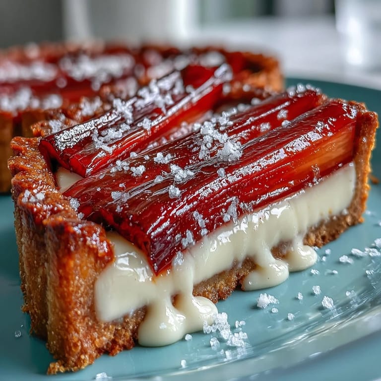 Close-up of a Rhubarb, White Chocolate, and Elderflowertart with smooth white chocolate filling and vibrant pink rhubarb, ready to serve at parties.