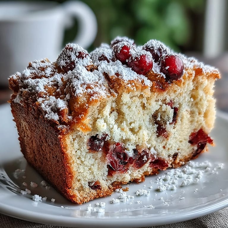 A whole Cranberry Orange Breakfast Cake with golden crust and visible cranberries is shown beside a glass of orange juice for serving.