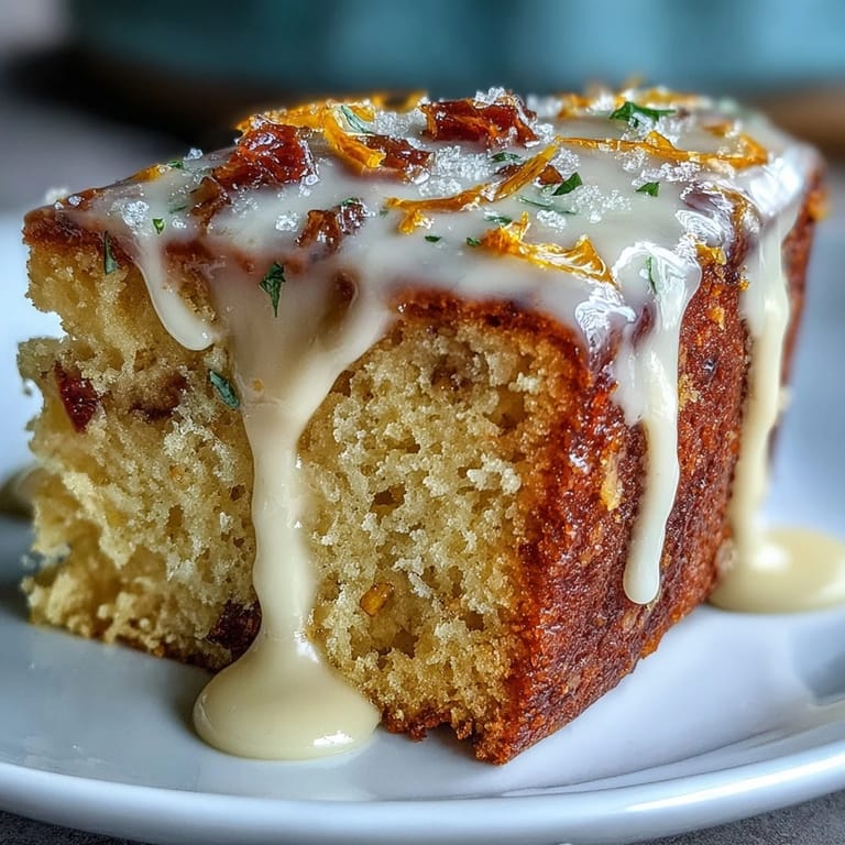 A glazed slice of Heavenly Blood Orange Yogurt Cake reveals a moist, tender crumb studded with blood orange zest.