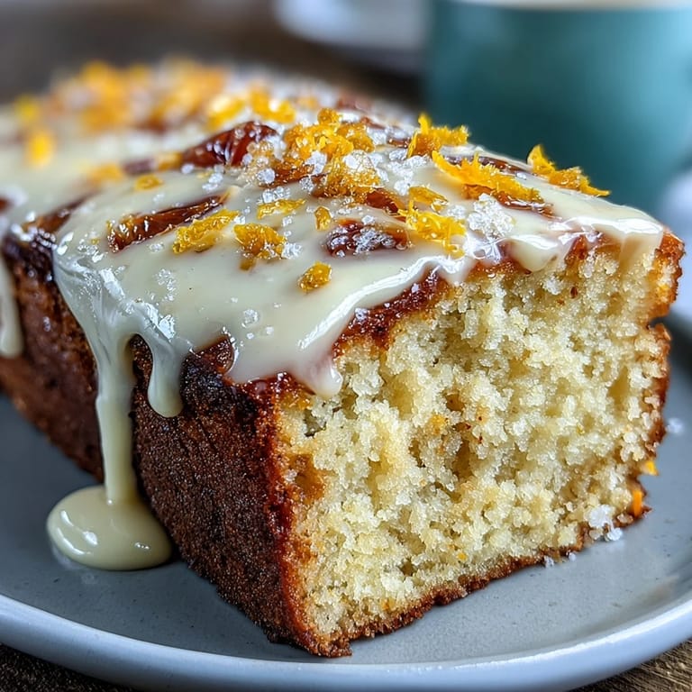 Moist Heavenly Blood Orange Yogurt Cake on a plate, iced and ready to serve with fresh orange slices and coffee.