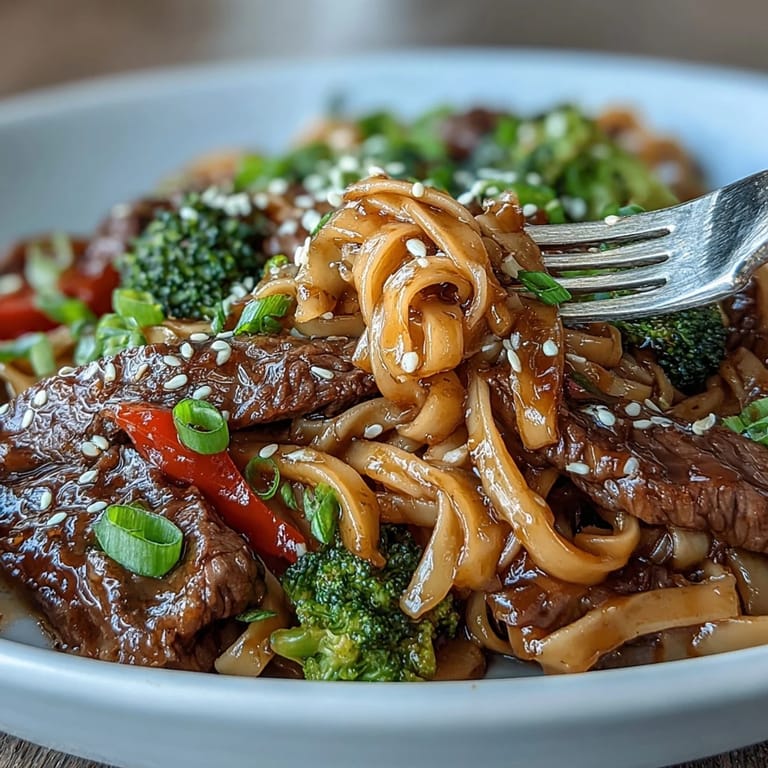 Silky rice noodles tossed with tender beef and broccoli in a glossy brown sugar sauce for Korean Beef Noodles. 
