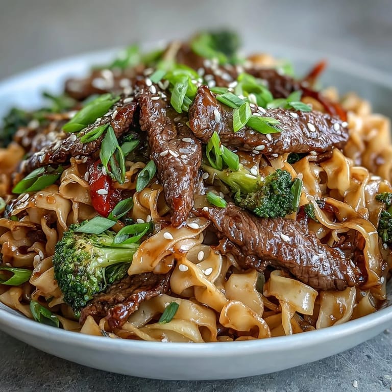 A close-up of Korean Beef Noodles with julienned carrots and bell peppers, steaming in a savory soy sauce.