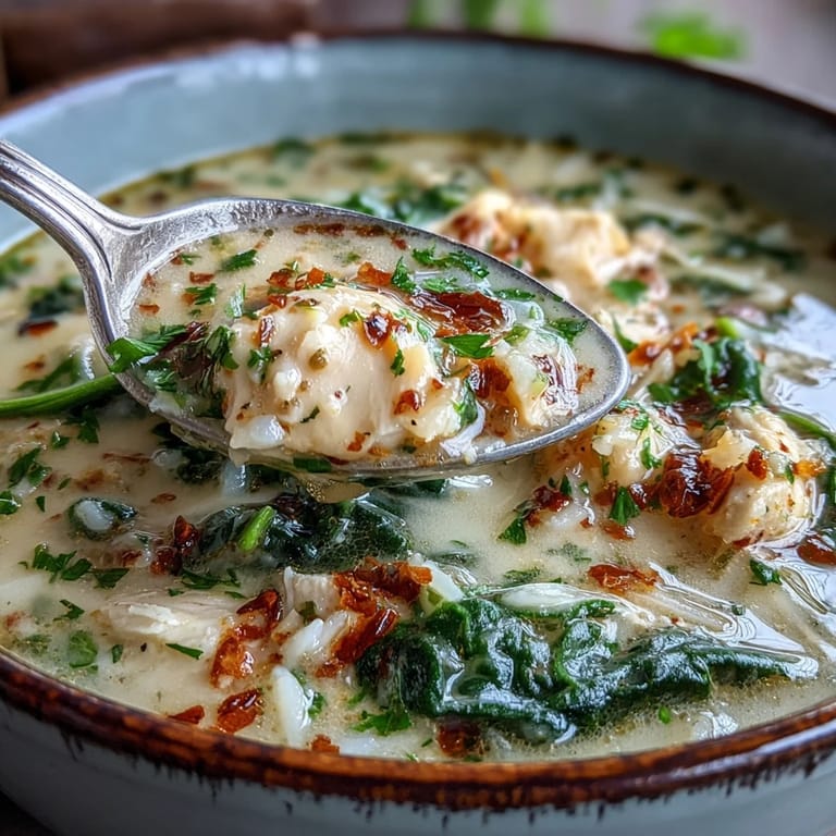 Golden garlic Parmesan chicken soup with chunky chicken and fresh parsley beside crusty bread.