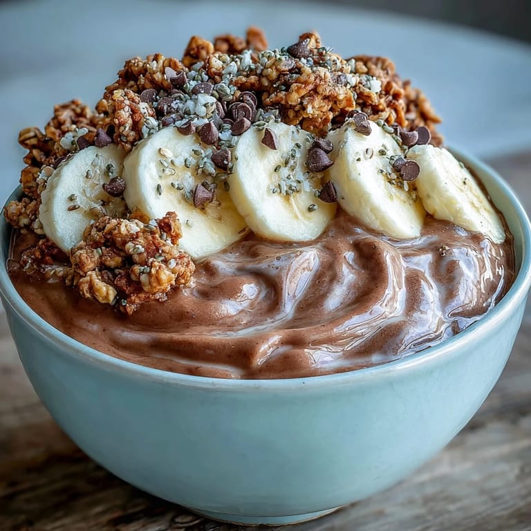 A close-up view of a single Chunky Monkey Smoothie Bowl with a rich, thick texture, ready to be eaten with a spoon for breakfast.