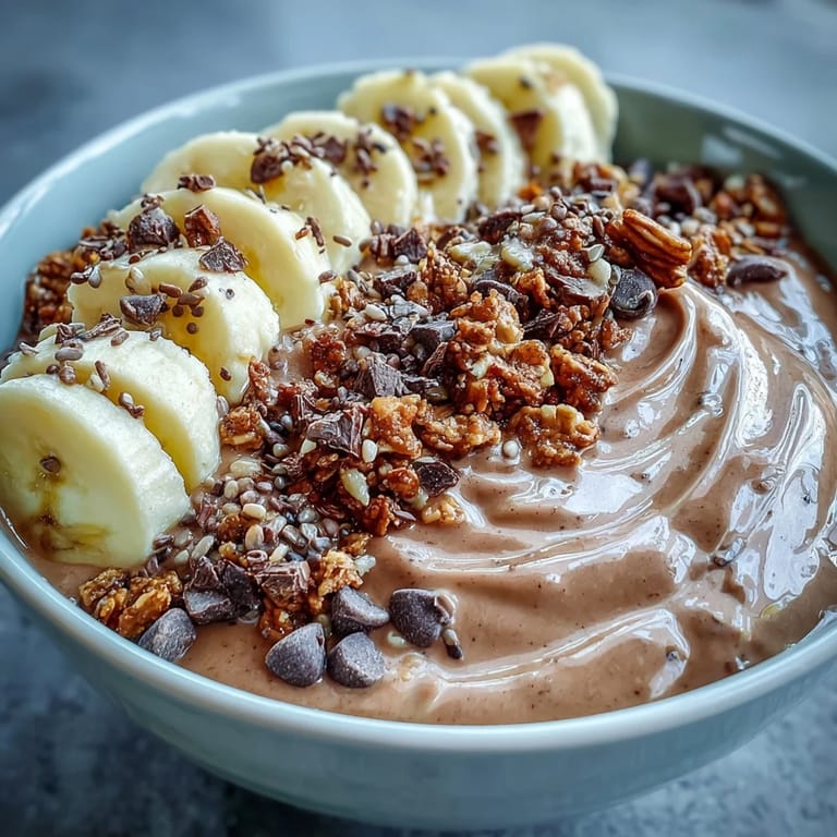 Healthy homemade Chunky Monkey Smoothie Bowl garnished with fresh banana slices and nutritious hemp seeds, perfect for a quick vegetarian snack.