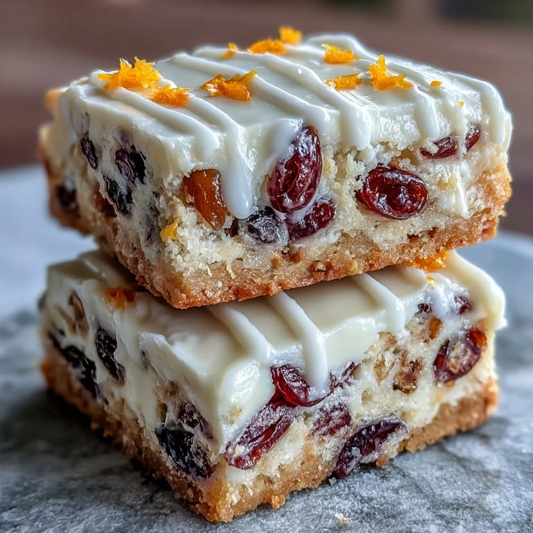 Plated Cranberry Bliss Bars showing cranberry-studded base and rich frosting, perfect for holiday dessert gatherings.