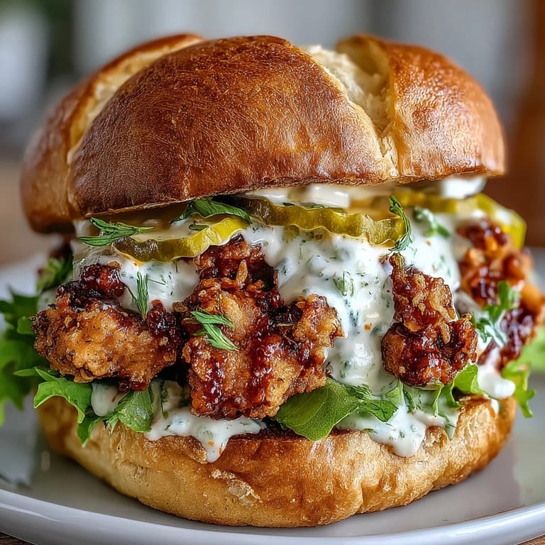 A juicy spicy chicken sandwich with creamy homemade sauce is ready to serve.