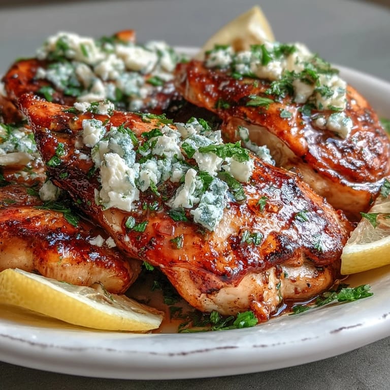 Sliced Greek Chicken with Lemon and Feta on a white plate, showing a golden sear and crumbled feta melting slightly.