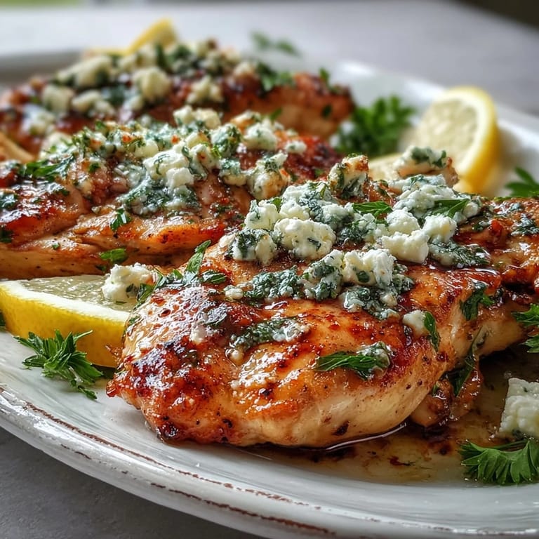 Tender Greek Chicken with Lemon and Feta paired with a fresh Greek salad and pita bread on a rustic table.