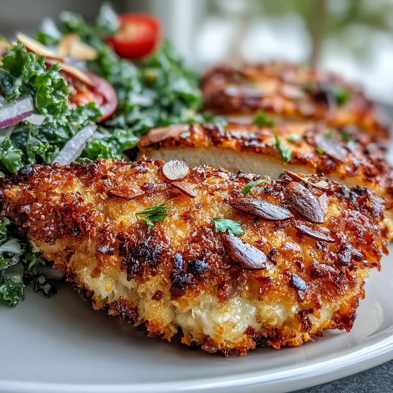 Sizzling Almond-Crusted Chicken is plated next to a fresh sumac salad with kale, parsley, and slivered almonds. 