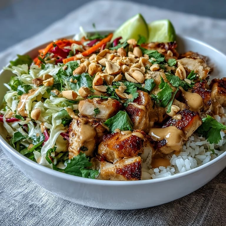 Drizzled creamy peanut sauce coats crisp red cabbage and shredded carrots in this savory Thai-inspired bowl.