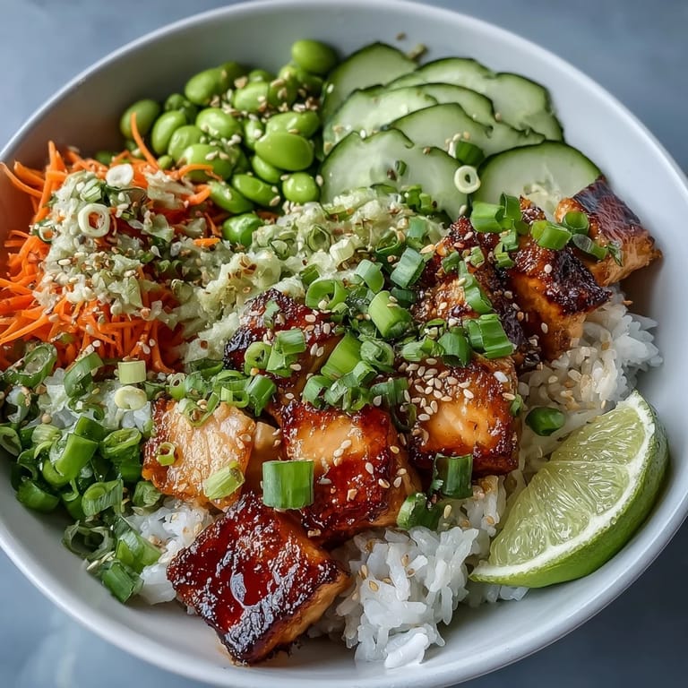 A close-up of a colorful Baked Salmon Rice Bowl featuring tender salmon, edamame, and green onions, ready to be drizzled with spicy sriracha mayo.