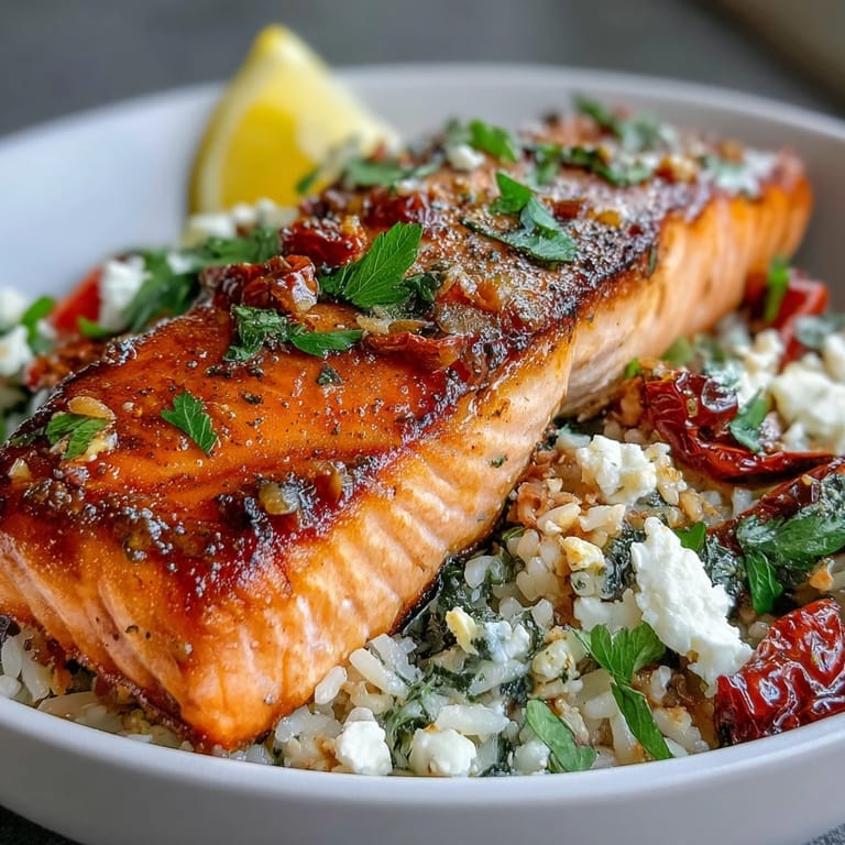 Fork-ready Mediterranean Salmon Bowl featuring juicy salmon, sun-dried tomatoes, fresh cilantro, and crispy rice, perfect for a wholesome dinner.