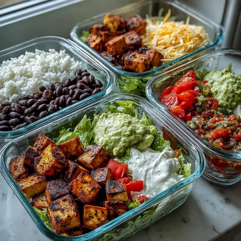Hearty meal prep burrito bowl base with colorful veggies and toppings prepped separately for quick, fresh weekday lunches.