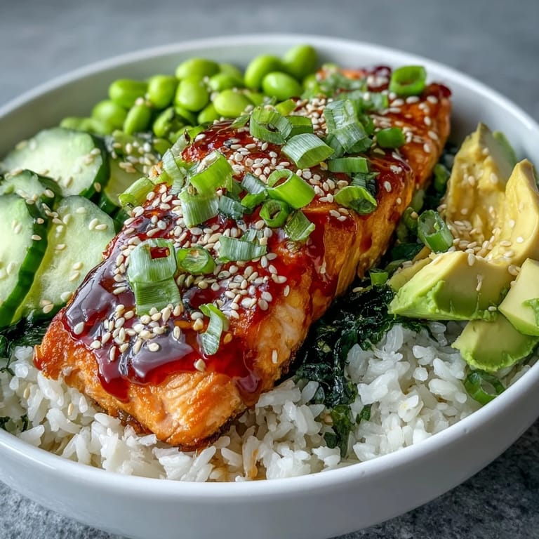 Vibrant Honey Sriracha Salmon Bowl with glossy salmon over fluffy rice, crisp cucumber, edamame, green onions, and sesame seeds.