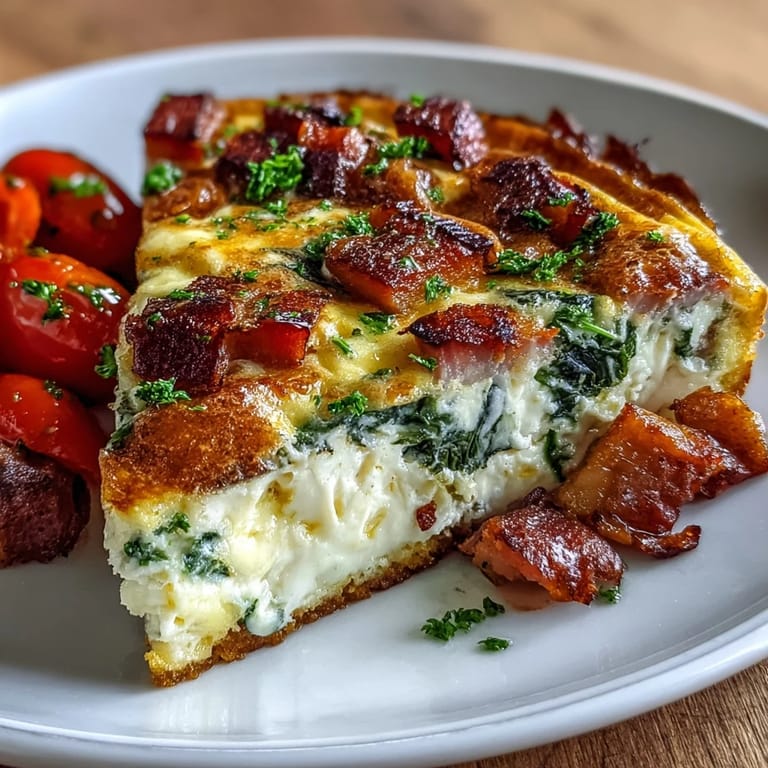 A close-up view of a sliced ham and cheese frittata garnished with fresh herbs.