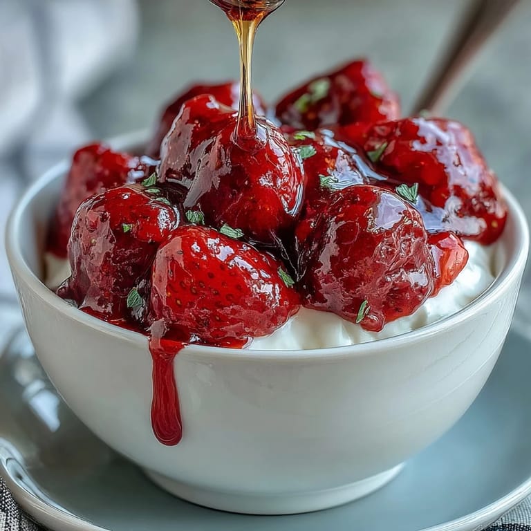 Creamy Greek yogurt topped with warm strawberry compote, crunchy nuts, and a honey drizzle.  