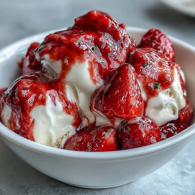 Vibrant strawberry compote spooned over Greek yogurt, garnished with nuts and fresh mint.