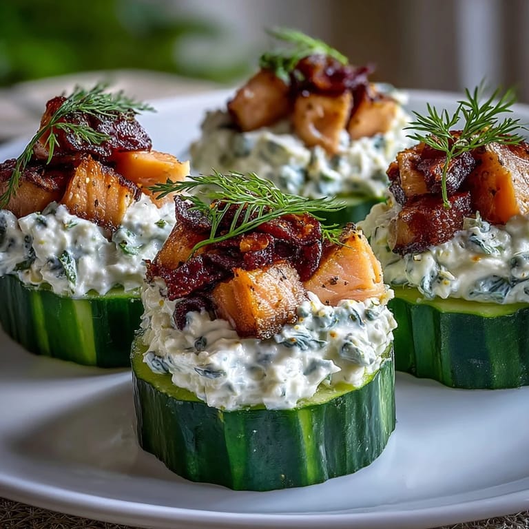 Cucumber Bites with Cream Cheese and Smoked Salmon: elegant appetizer featuring cool cucumber rounds layered with smooth cream cheese and delicate smoked salmon.