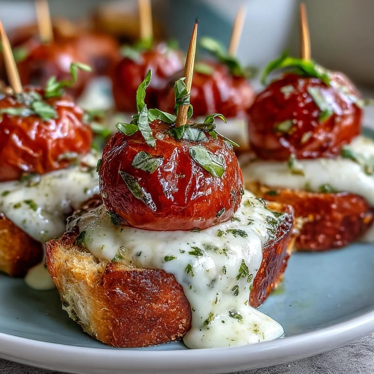 Vibrant Caprese skewers with pesto drizzle, showcasing juicy tomatoes, creamy mozzarella, and fresh basil on wooden sticks, garnished with a rich, aromatic basil pesto.
