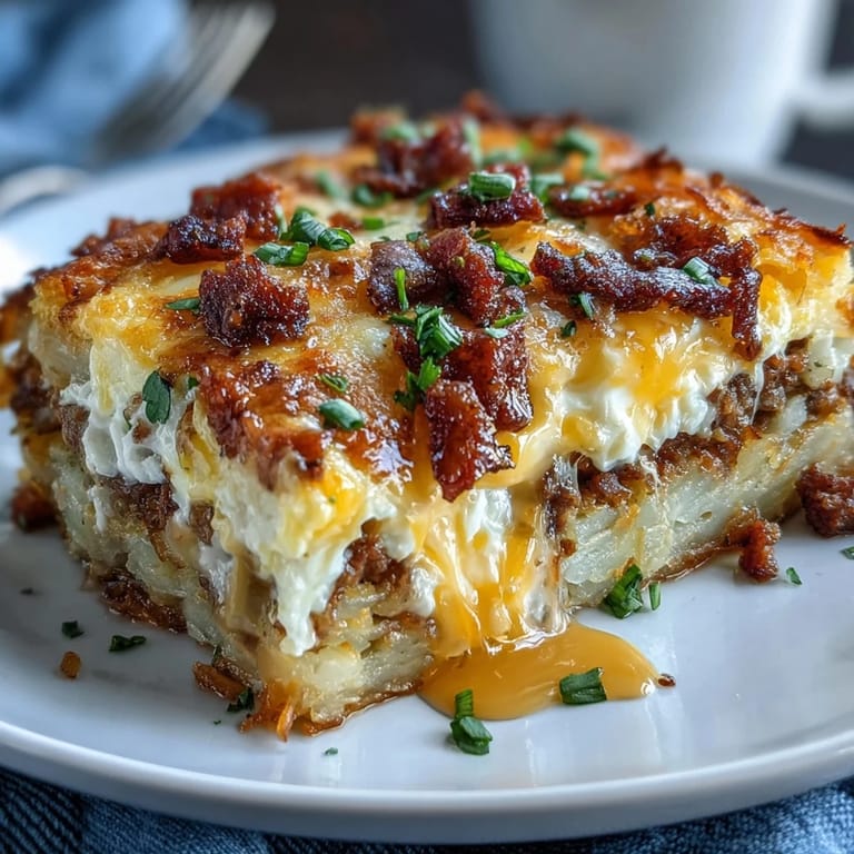 Savory Overnight Amish Breakfast Casserole for a Crowd: hearty layers of sausage, hash browns, and melted cheese baked with fluffy eggs for a satisfying breakfast.