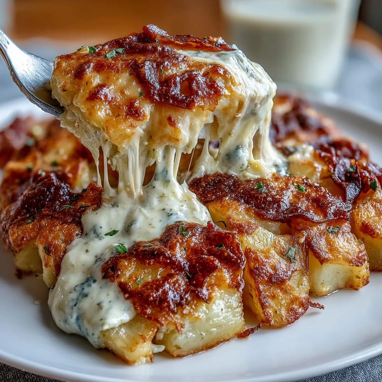 Decadent Au Gratin Potatoes: Tender potato slices baked in nutmeg-spiced cream with melted Parmesan and Gruyère topping.