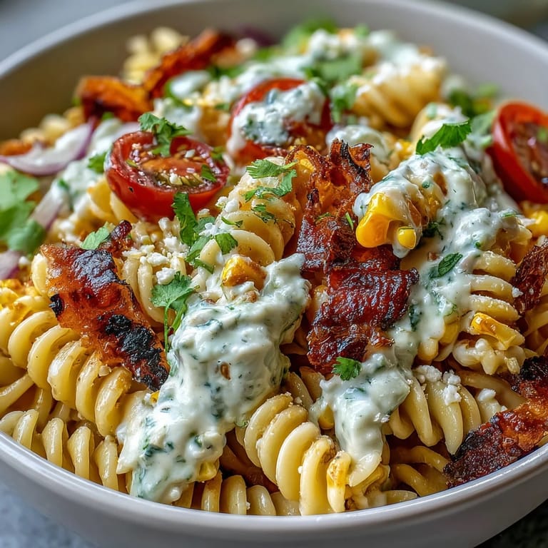 Vibrant elote-inspired pasta salad with smoky corn, cherry tomatoes, and cilantro, perfect for summer gatherings.